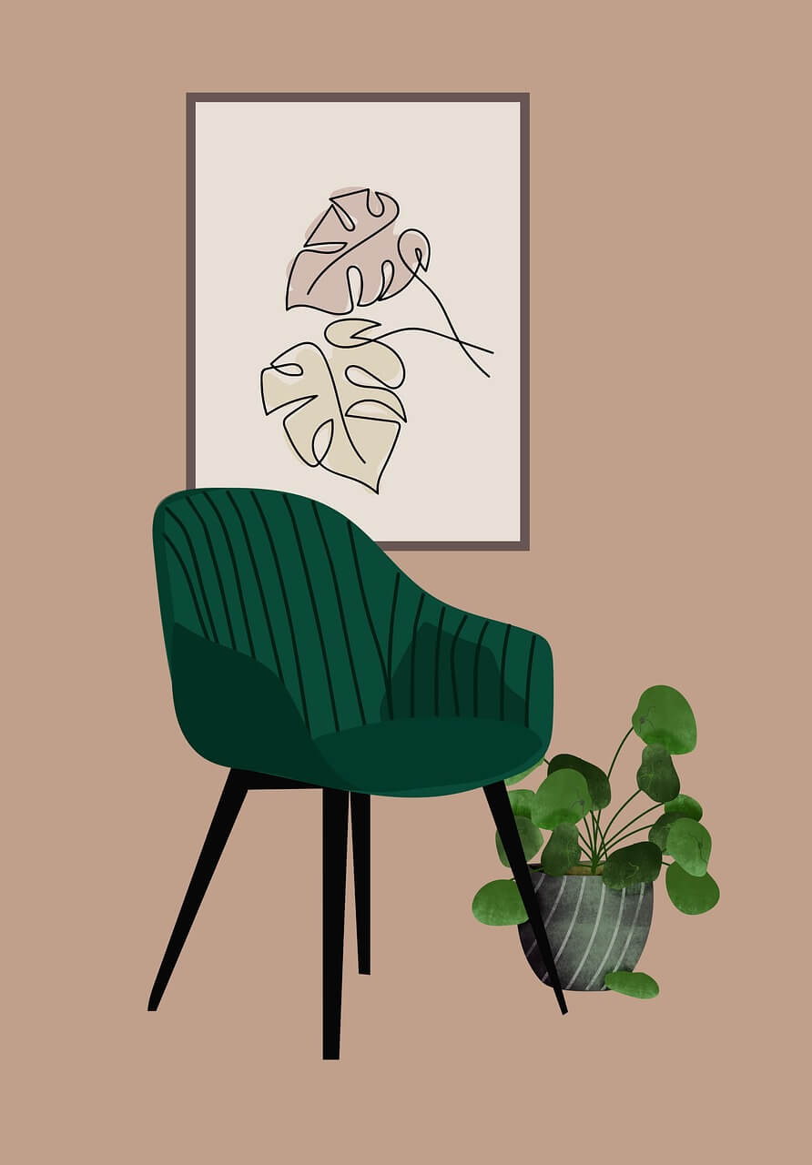 Green chair and plants on the floor illustration